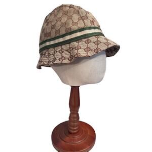 Gucci Monogram Bucket hat with Green White Trim Large Authentic CoA